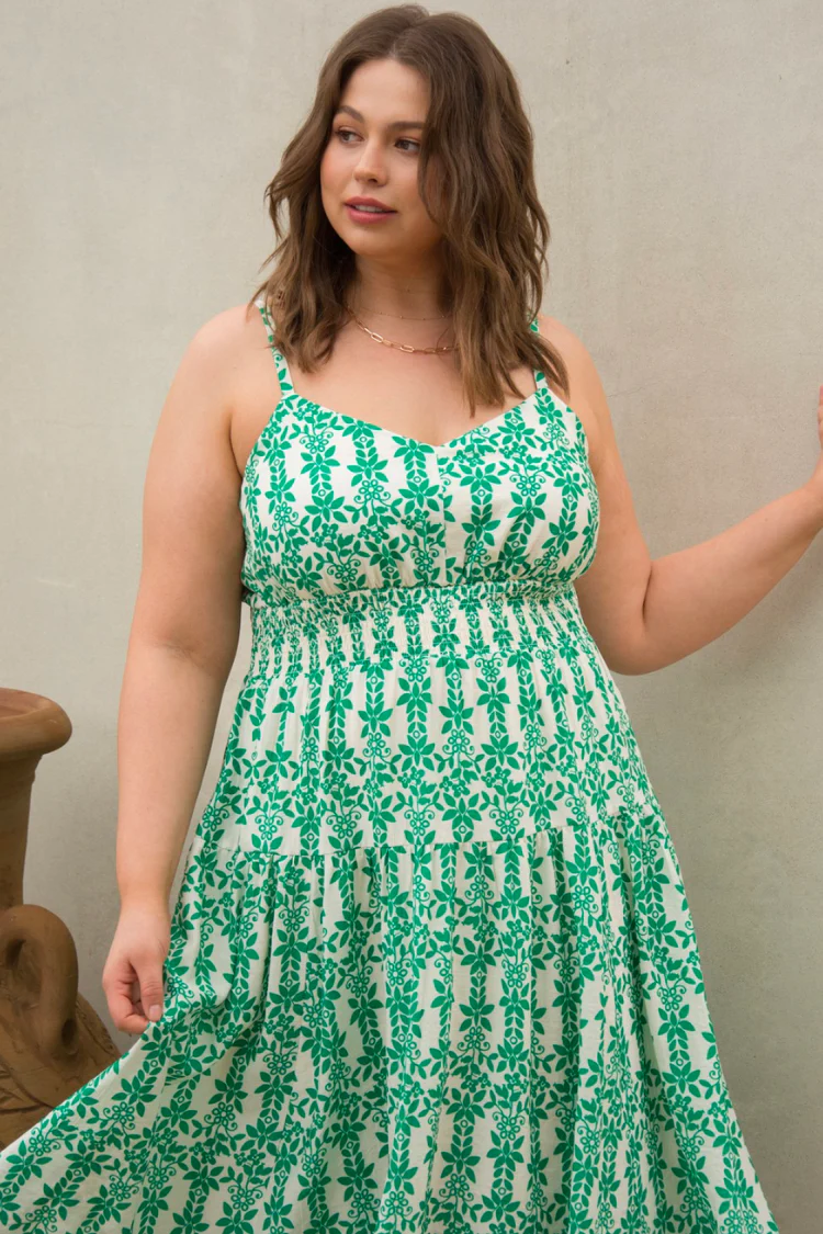 Remy Green and White Print Midi Dress