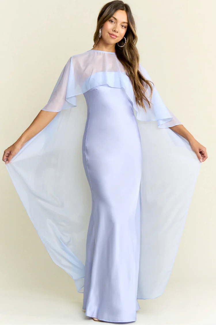 Giselle Blue Silky Maxi Dress with Cape