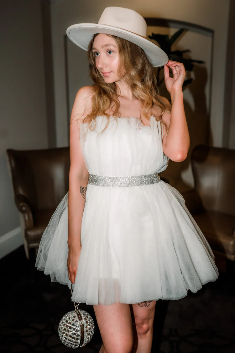 Greyson White Tulle Mini Dress with Rhinestone Belt - FINAL SALE