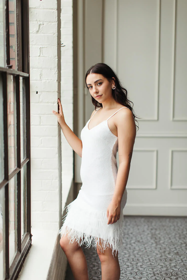 Lou Lou White Sequin Mini Dress with Feathers