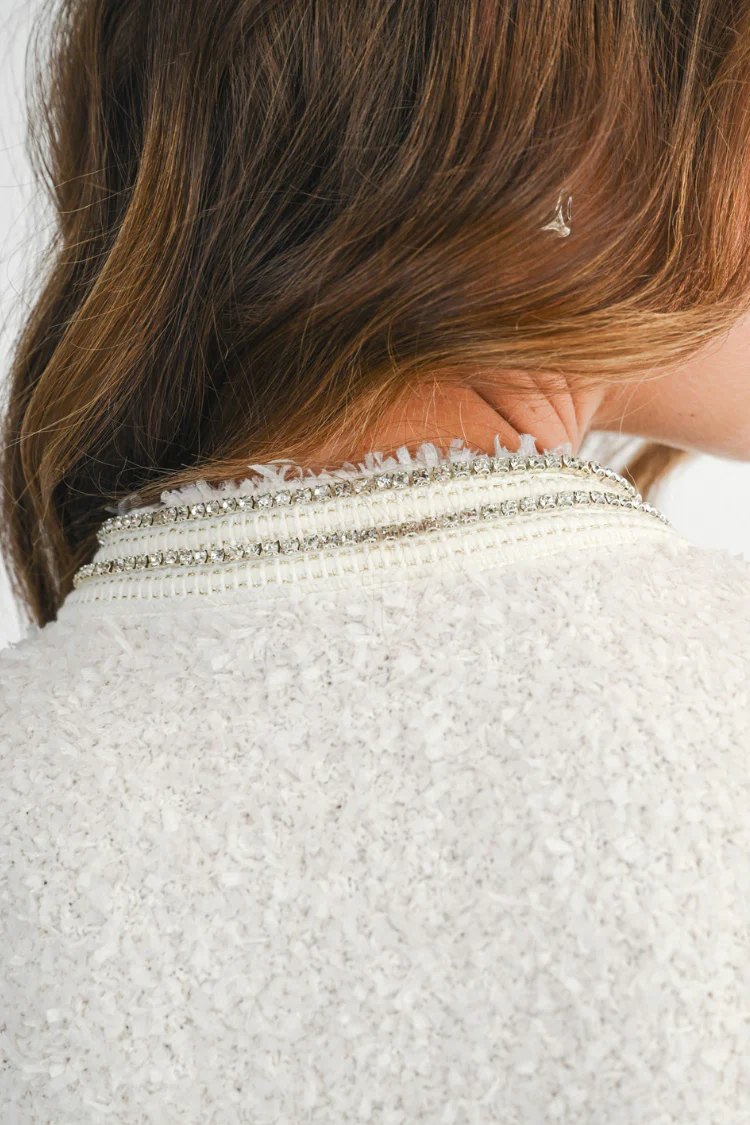 Marlo Rhinestone Embellished Tweed Knit Jacket - Cream