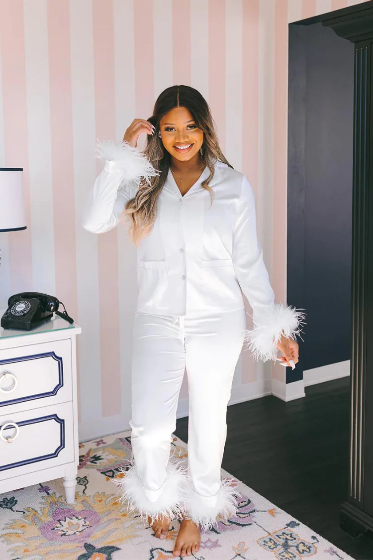 Danica White Feather Trim Pajama Set
