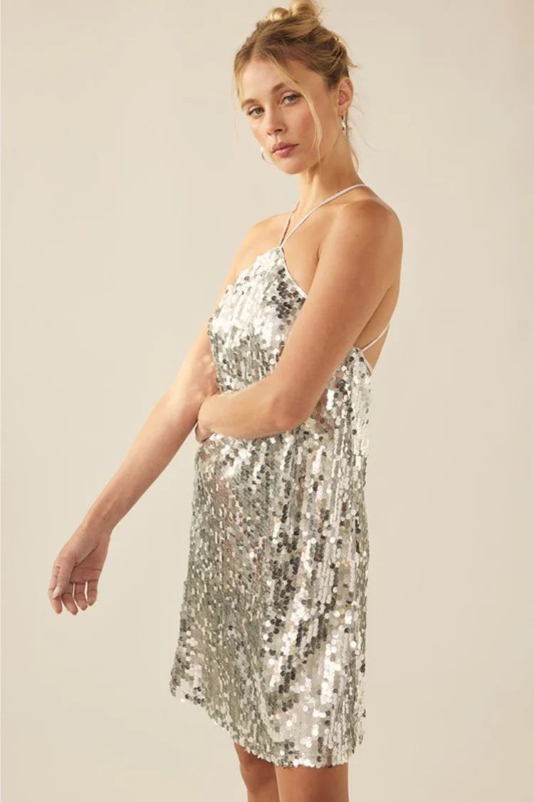 Pippa Silver Sequin Halter Mini Dress
