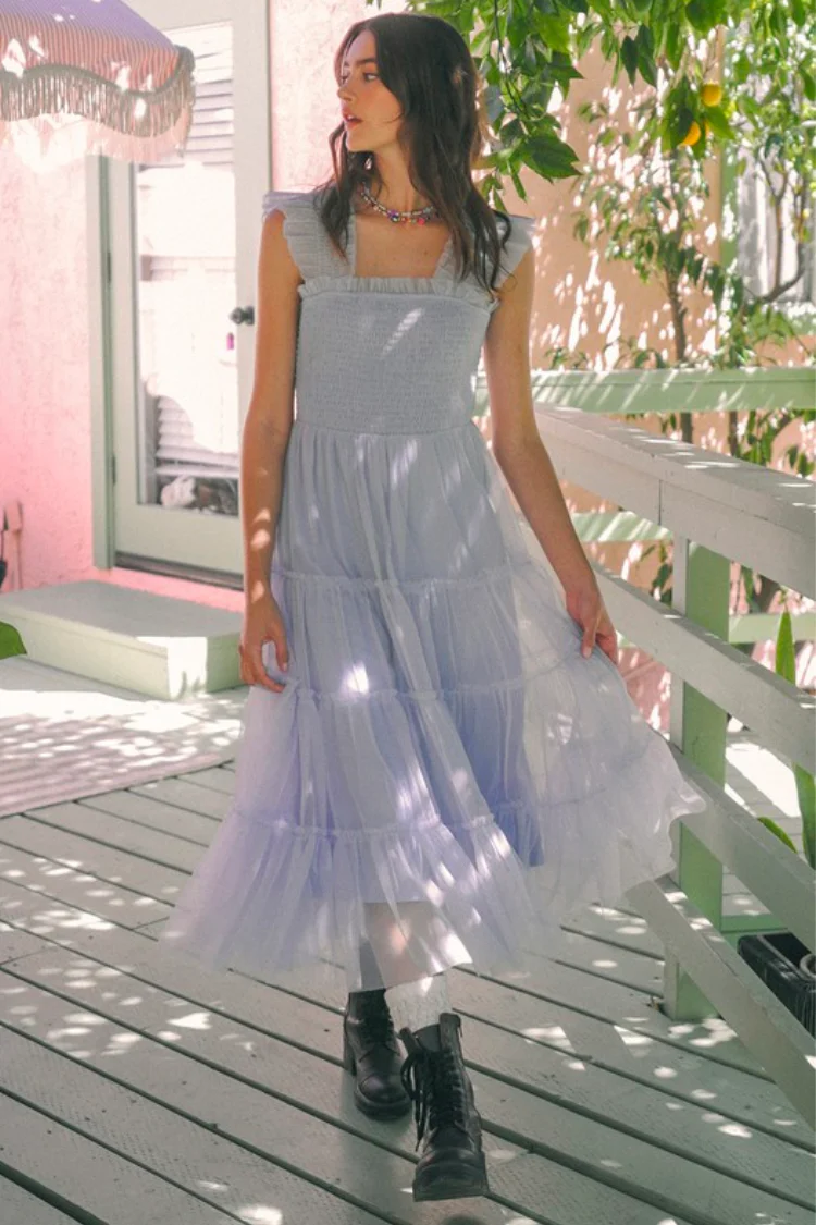 Fiori Short Blue Tulle Tiered Midi Dress - FINAL SALE