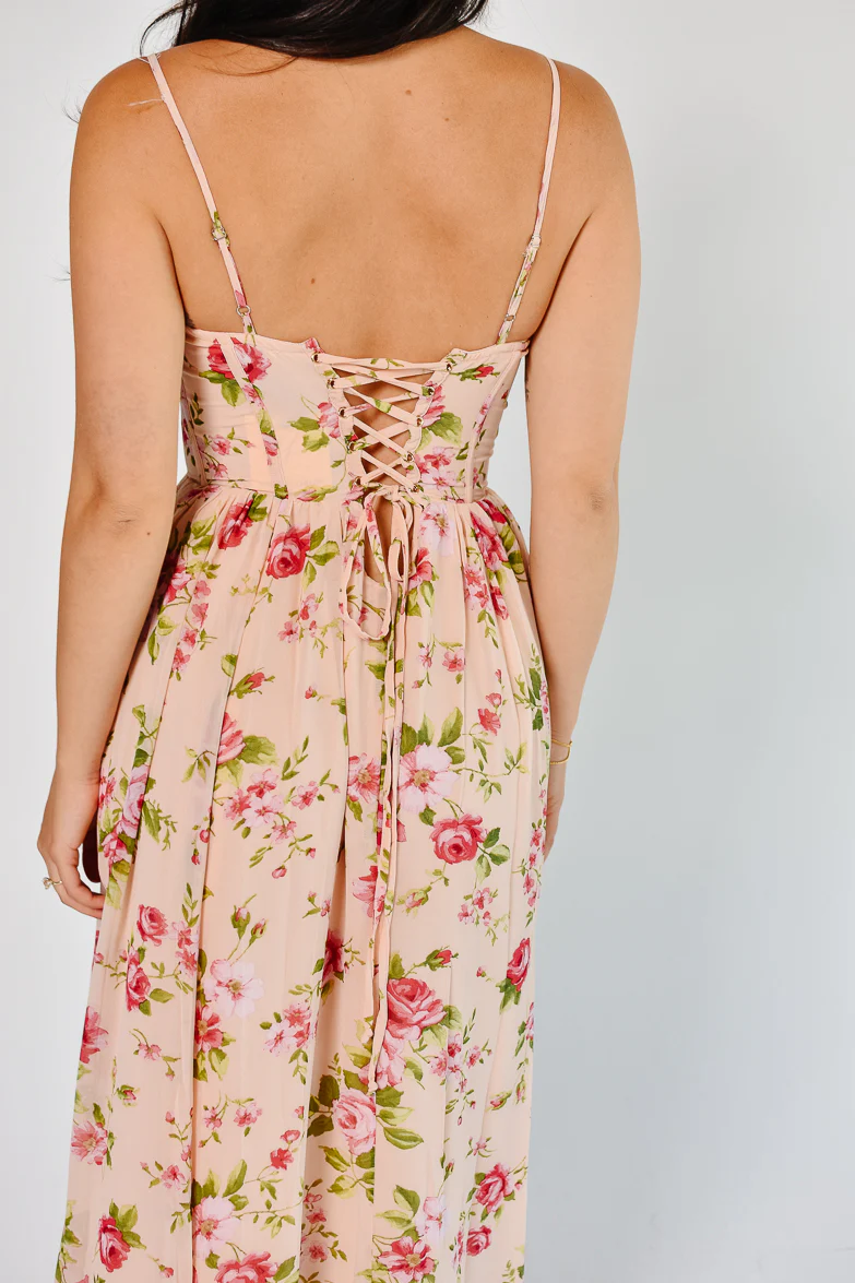 Rose Bloom Floral Corset Maxi Dress