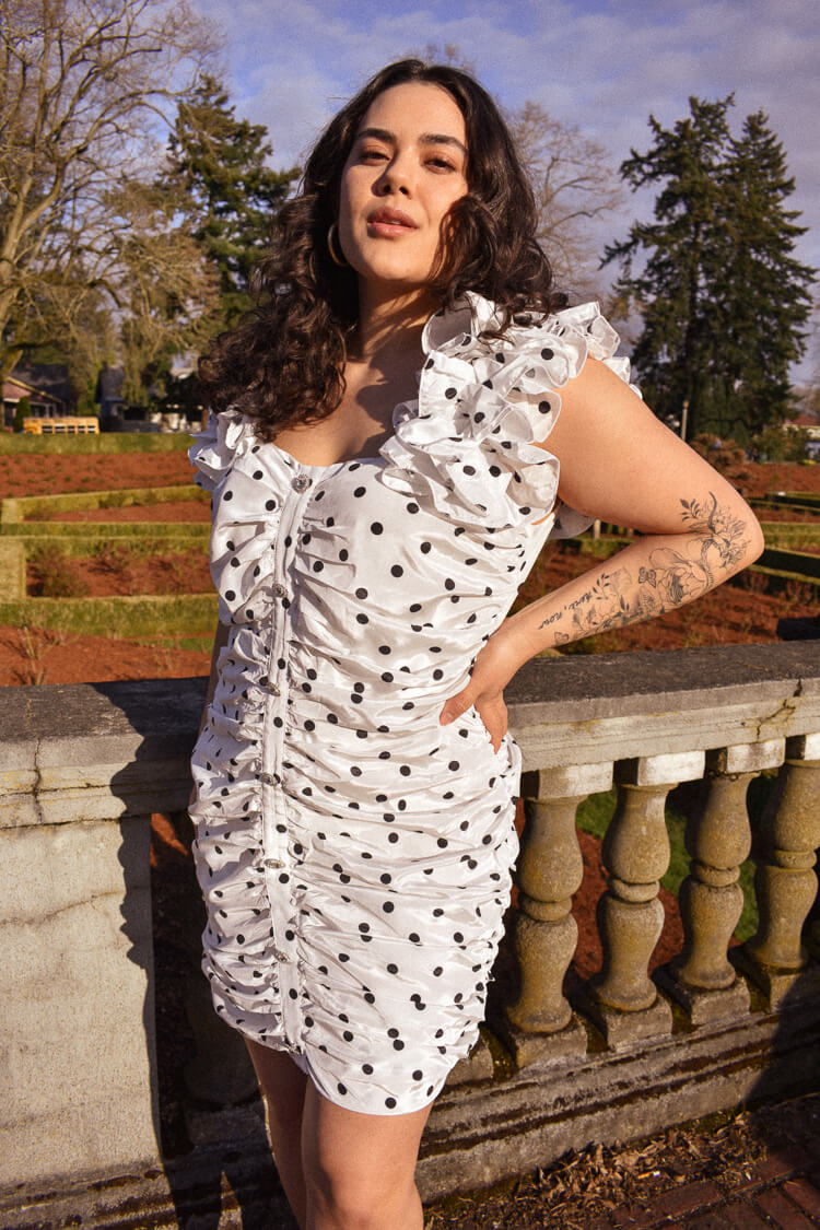 Chrissy Ruched Polka Dot Mini Dress - FINAL SALE