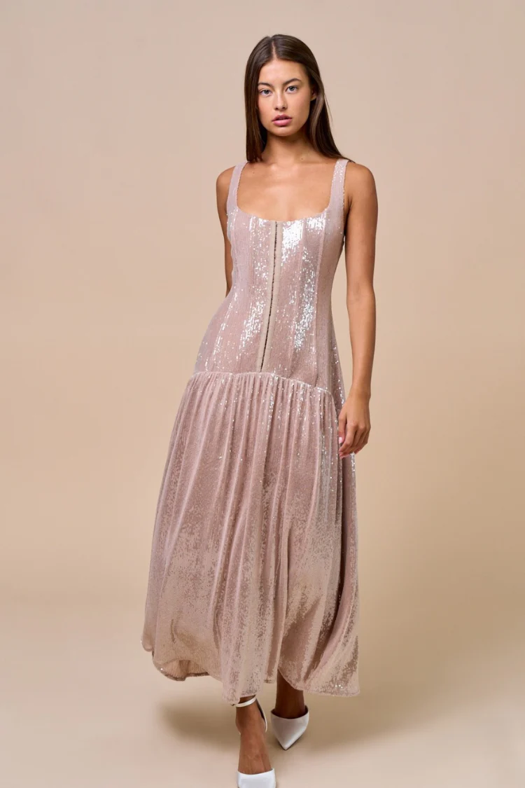 Gwyneth Sequin Midi Dress - Nude/ Pale Pink
