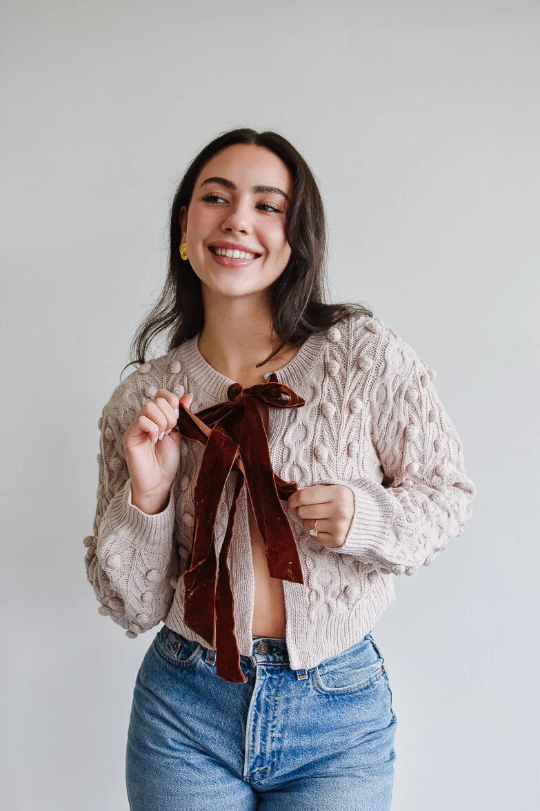 James Velvet Bow Tie Cardigan - Blush - FINAL SALE