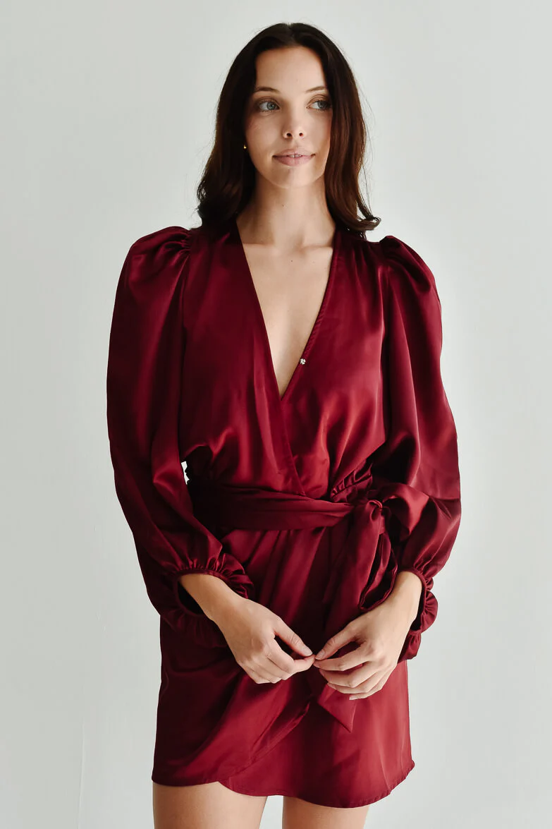 Gal Satin Wrap Mini Dress - Burgundy - FINAL SALE