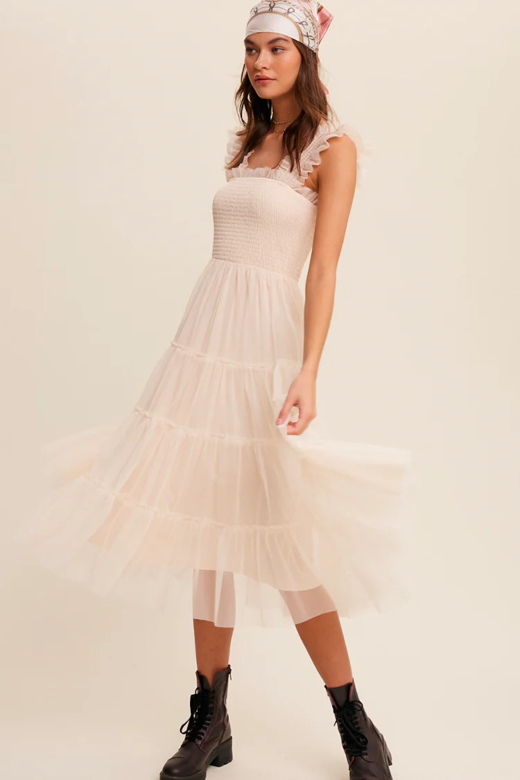 Fiori Short Champagne Tulle Tiered Midi Dress - FINAL SALE