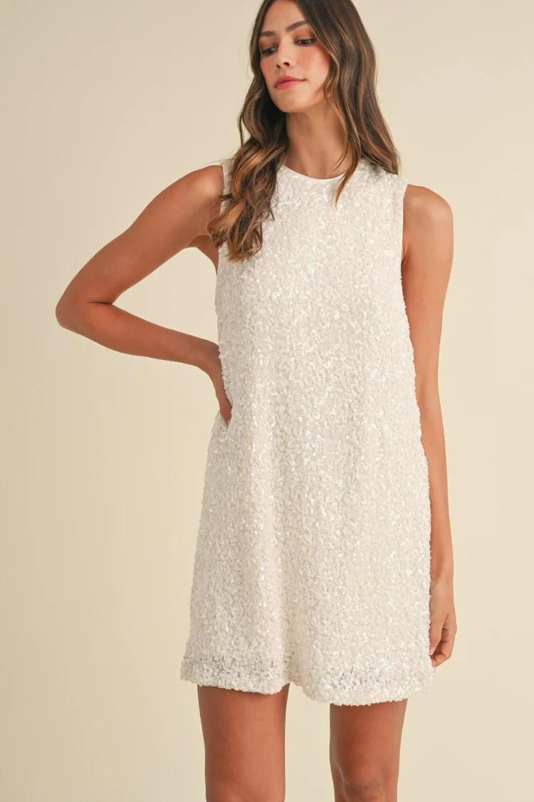 Irina White Sequin Sleeveless Mini Dress with Black Bow