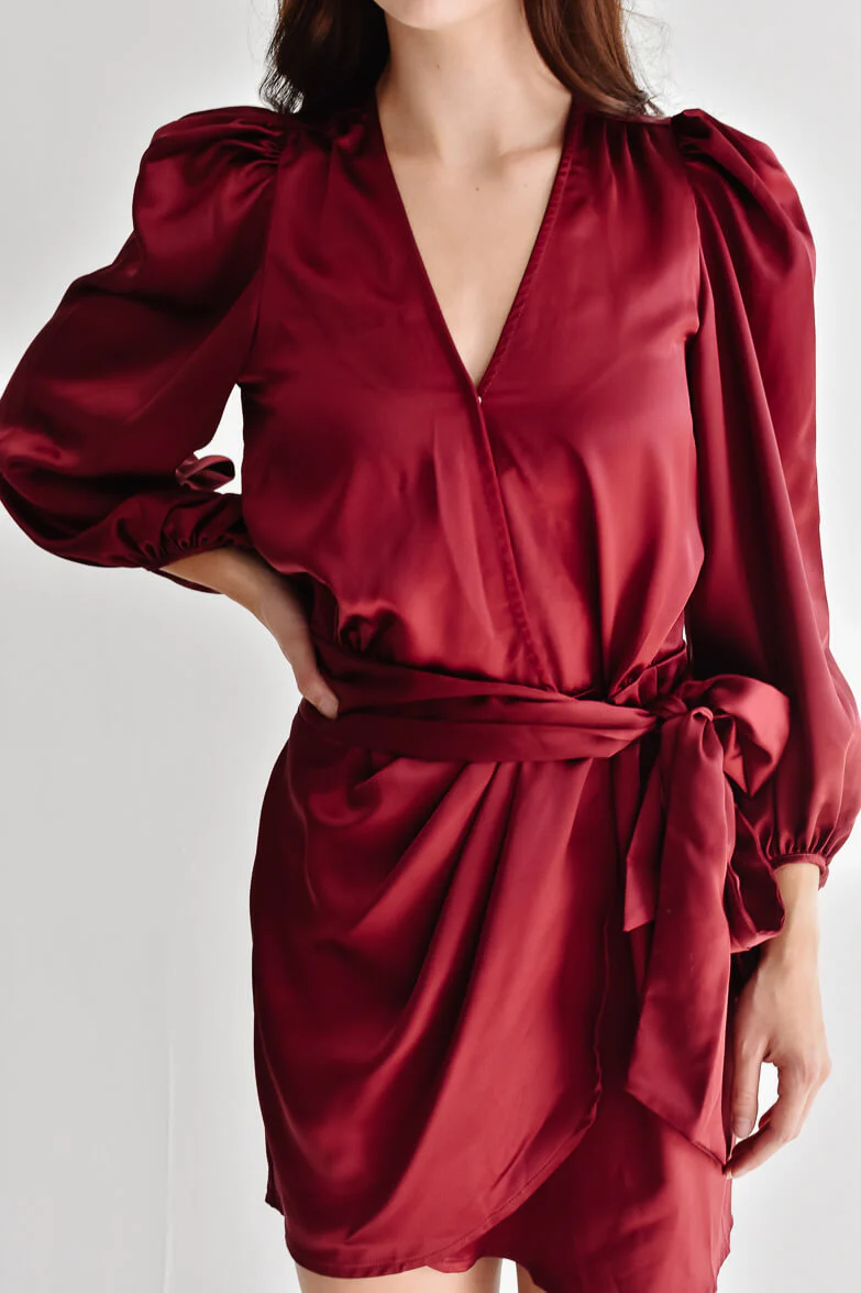 Gal Satin Wrap Mini Dress - Burgundy - FINAL SALE