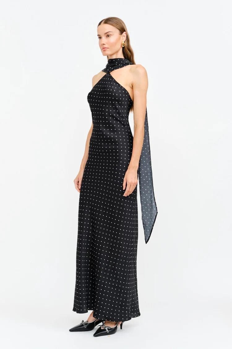 Pre-Order - Magdalena Polka Dot Maxi Dress with Neck Scarf - 12/5
