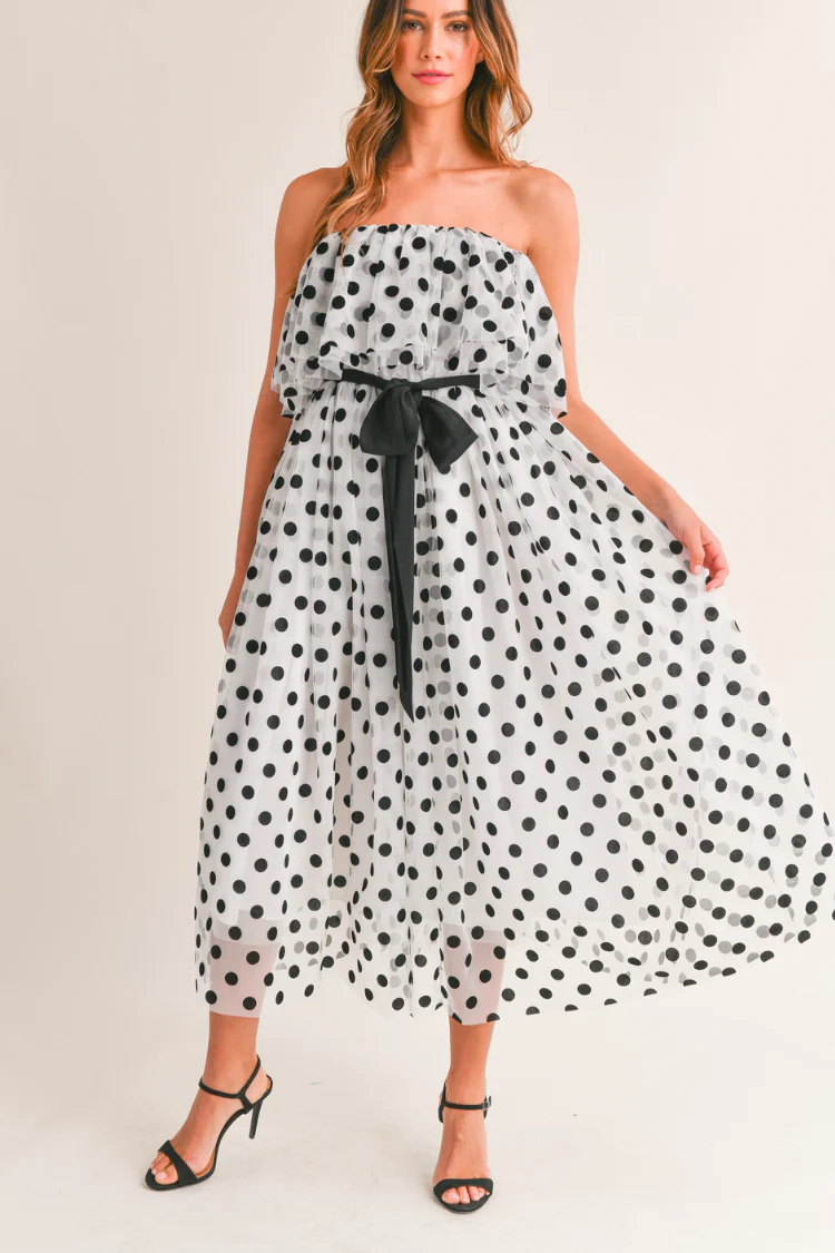 Marne Polka Dot Strapless Midi Dress