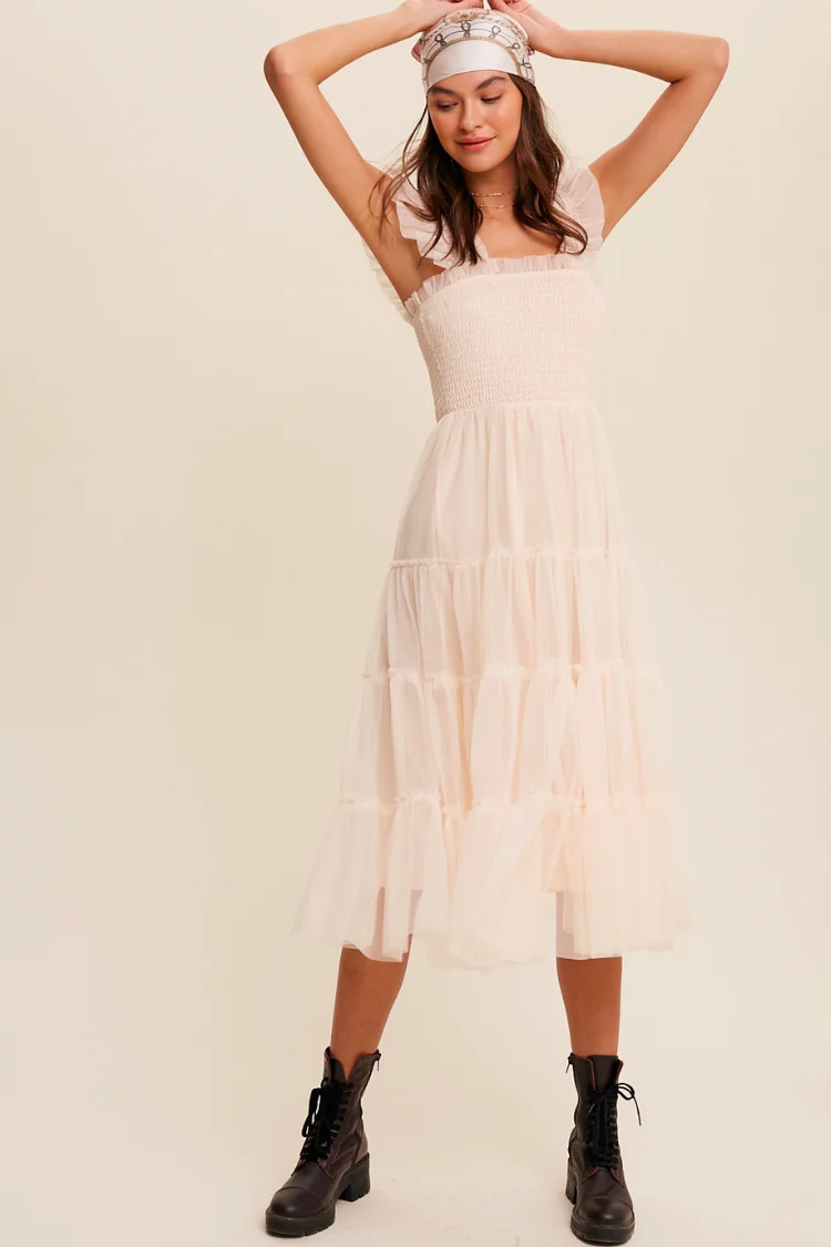 Fiori Short Champagne Tulle Tiered Midi Dress - FINAL SALE