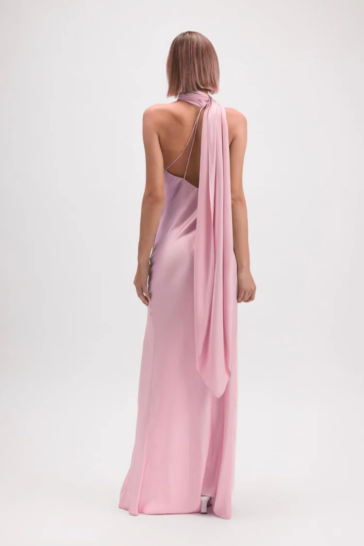 Hailey Satin Maxi Dress with Neck Scarf - Pink