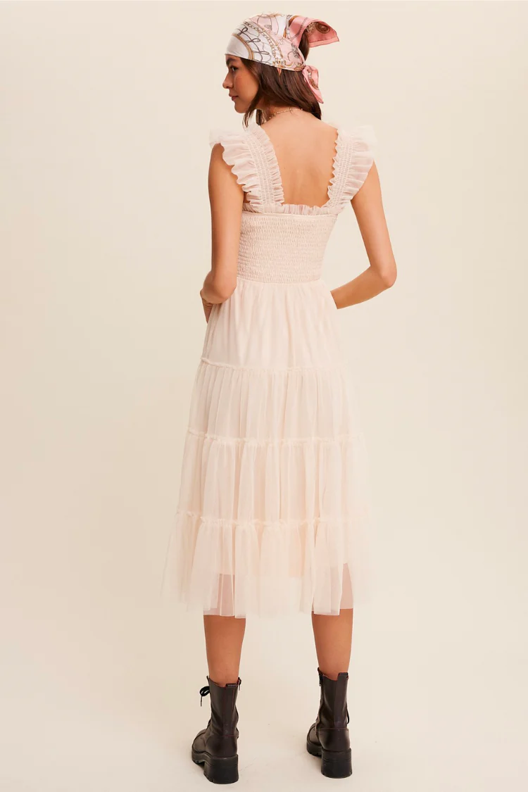 Fiori Short Champagne Tulle Tiered Midi Dress - FINAL SALE