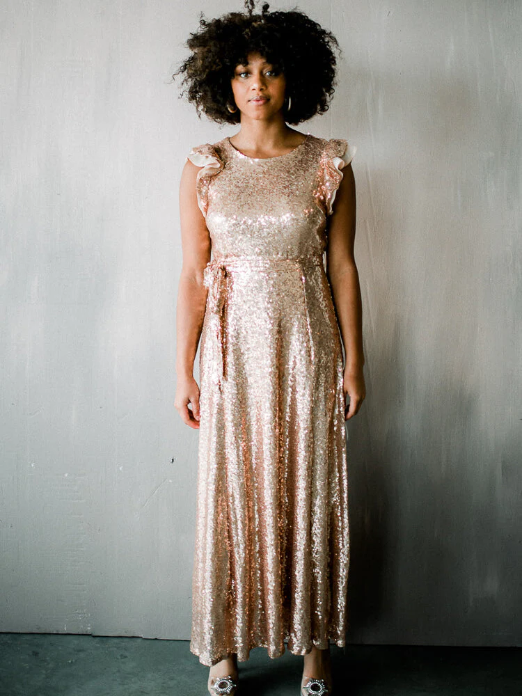 Flutter Sleeve Sequin Midi Dress - Rose Gold - FINAL SALE