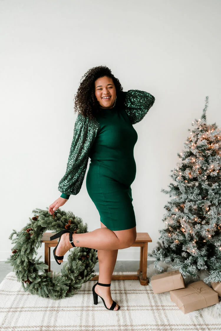 Frankie Green Sequin Sleeve Midi Dress