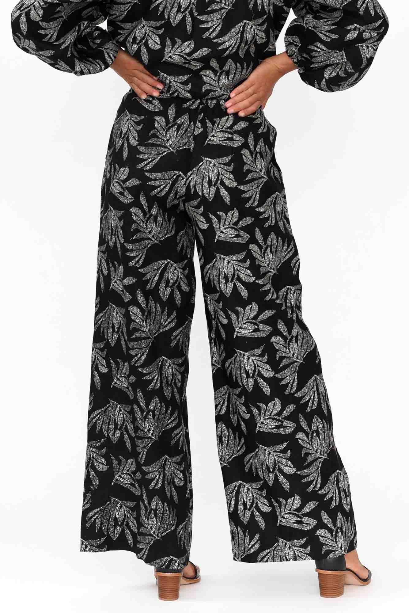 Eleri Black Palm Linen Wide Leg Pant