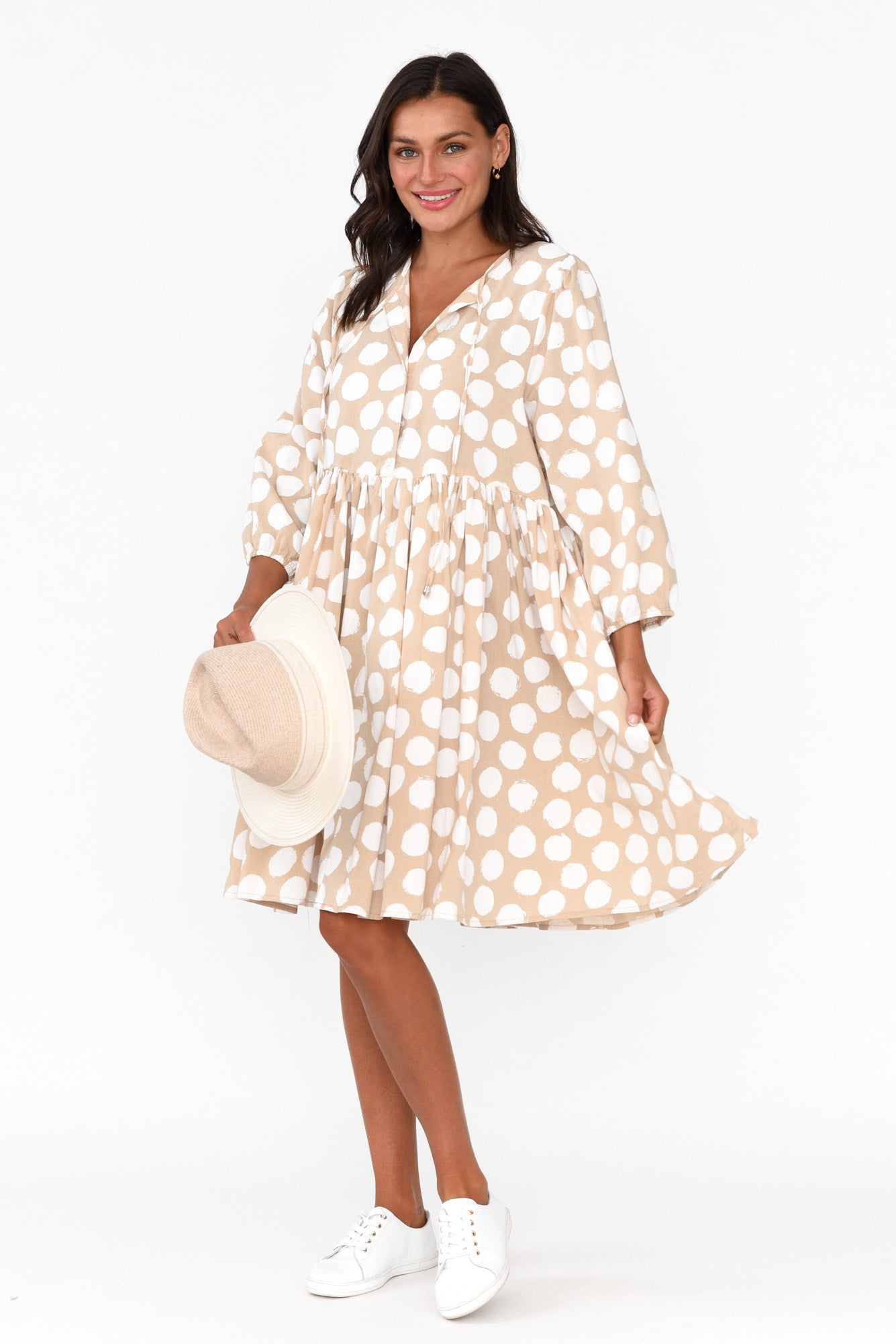 Frieda Beige Spot Cotton Tie Dress