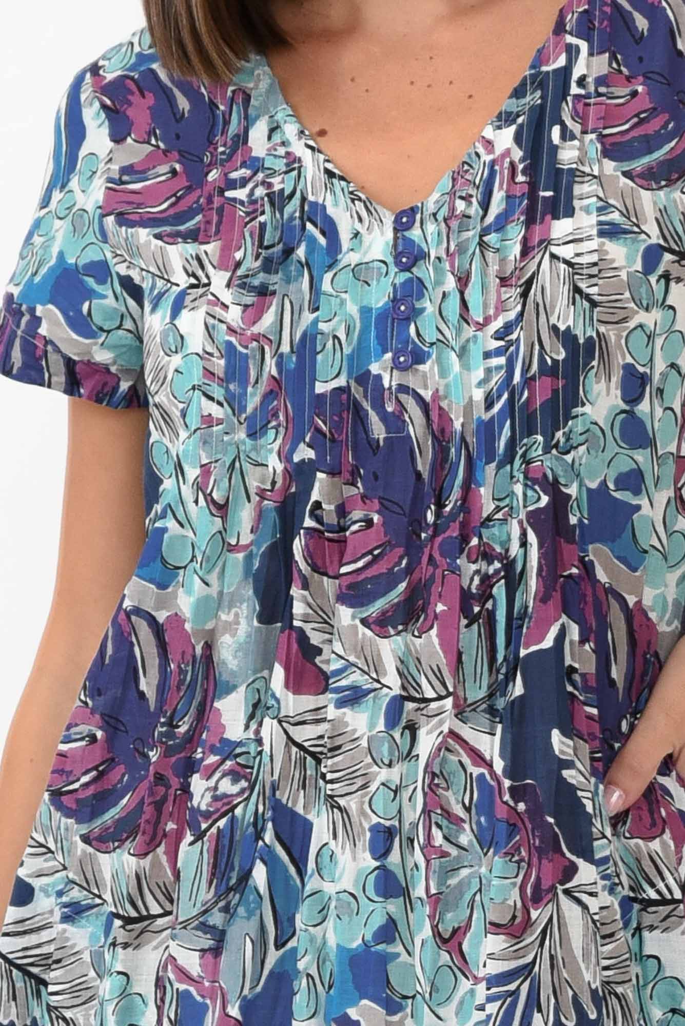 Sabina Blue Palm Crinkle Cotton Dress