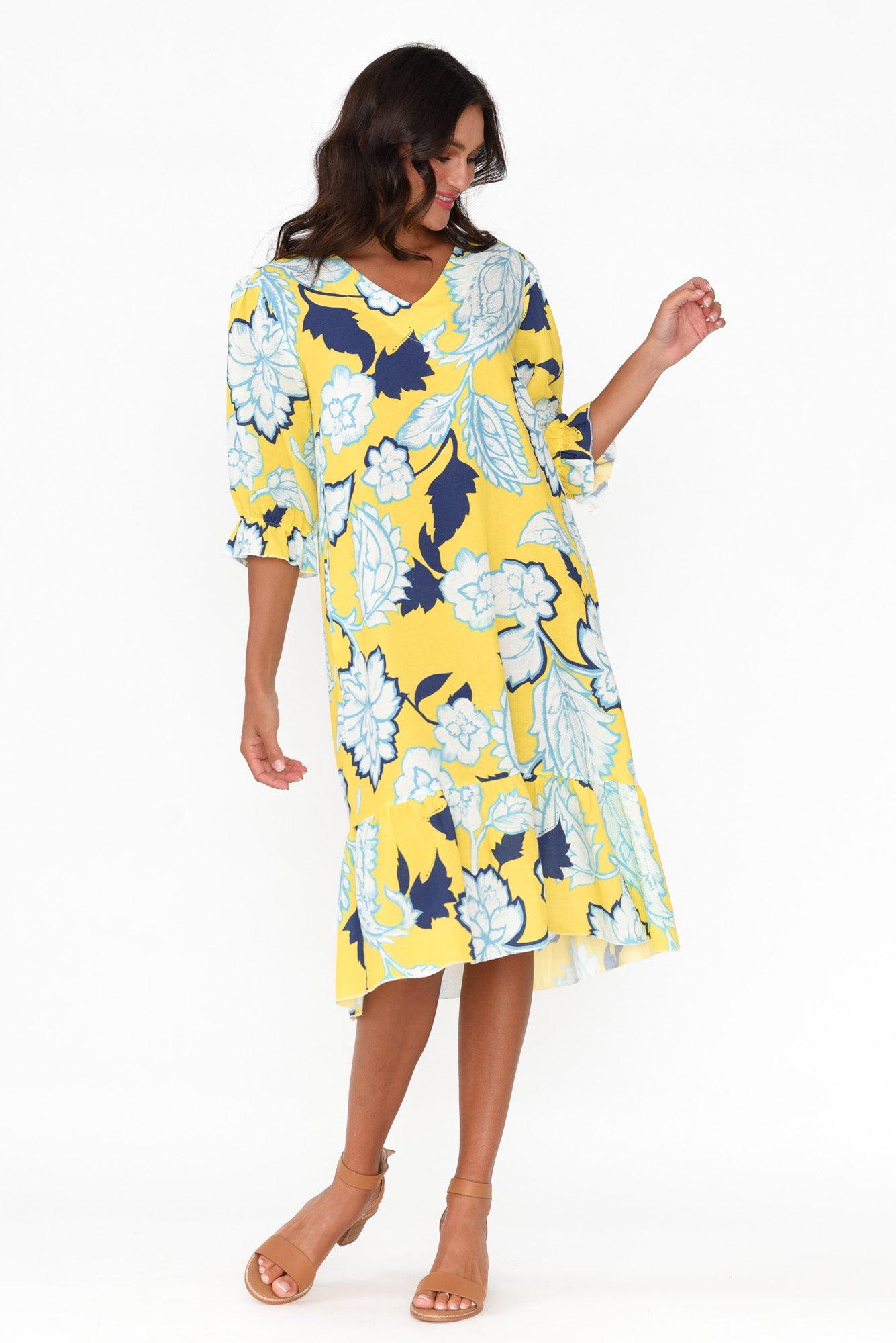 Reiko Yellow Floral Linen Blend Dress