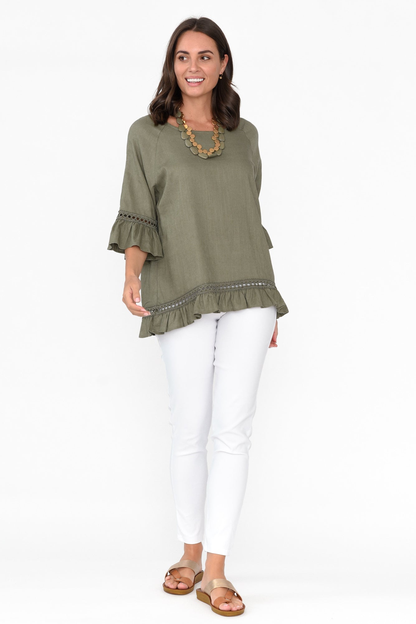 Tinker Khaki Linen Cotton Ruffle Top
