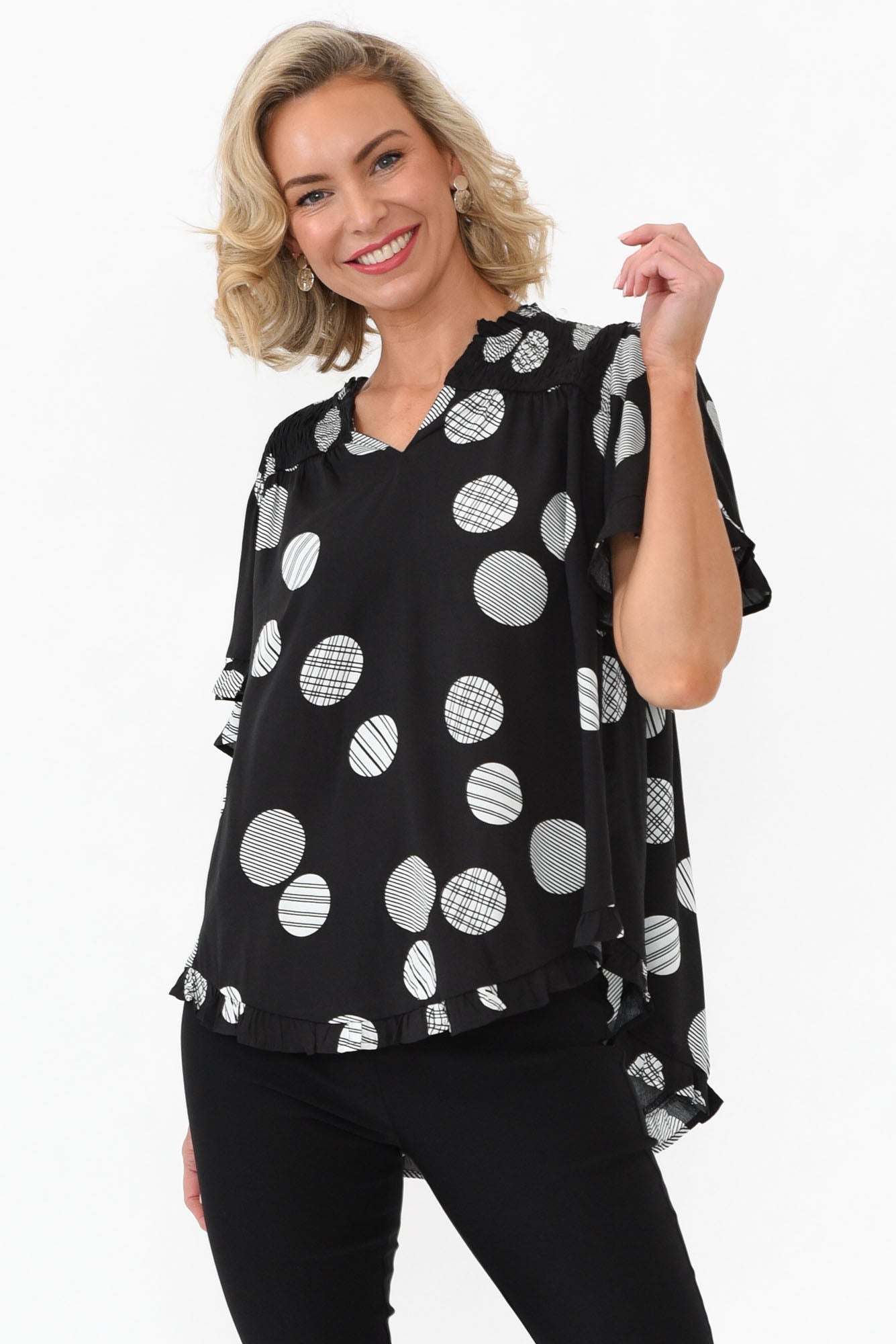 Malika Black Spot Frill Top