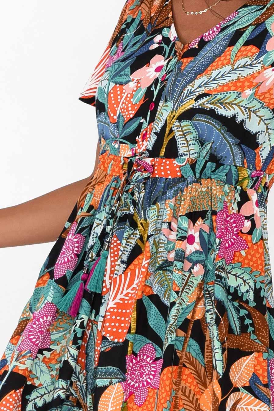 Paphos Black Tropical Tiered Maxi Dress