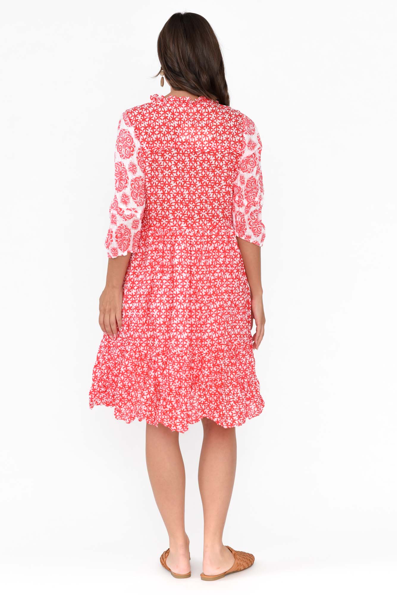 Oakwood Red Flower Cotton Puff Sleeve Dress