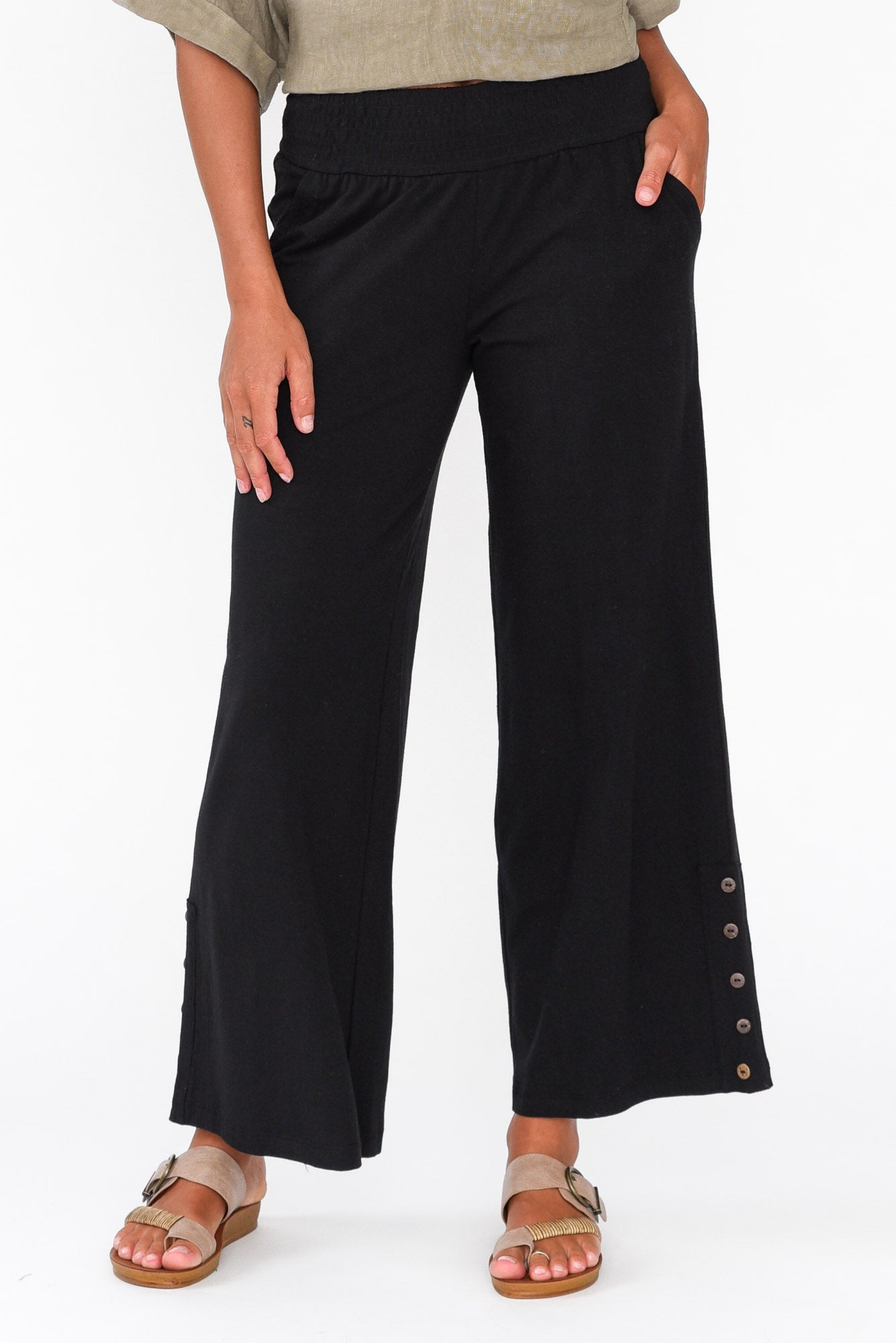 Angelica Black Cotton Shirred Pant
