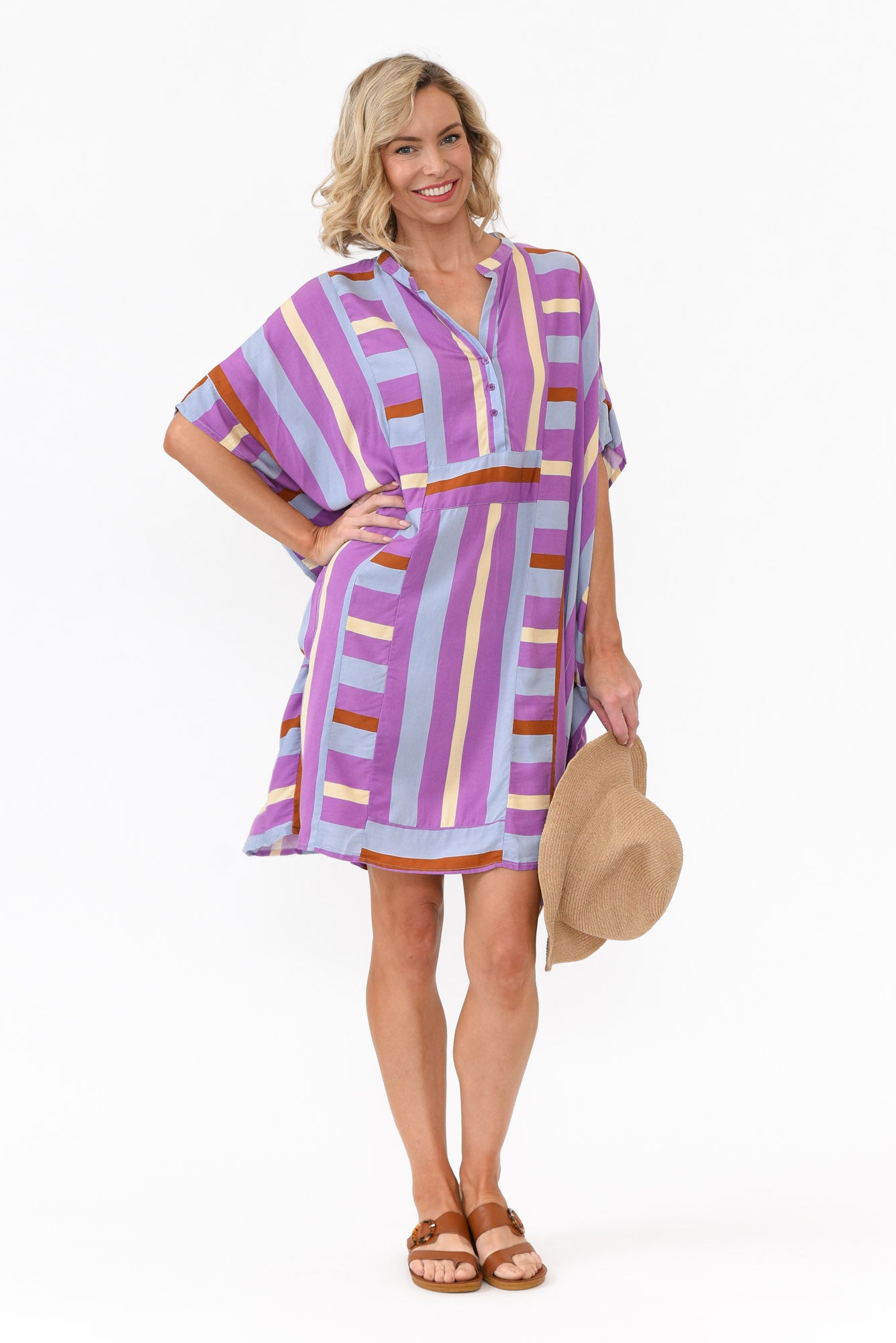 Maye Purple Stripe V Neck Kaftan