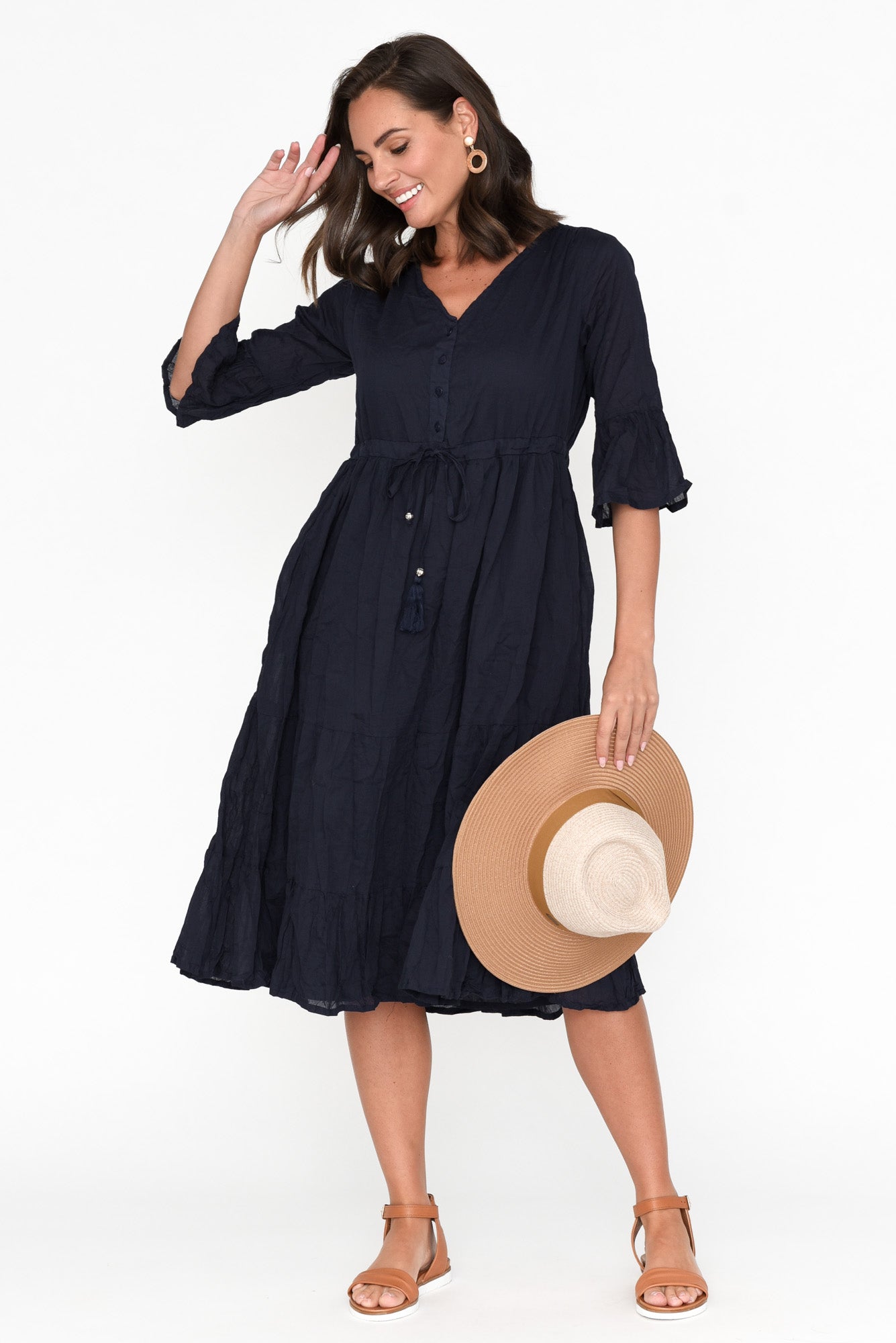 Kenley Navy Crinkle Cotton Dress