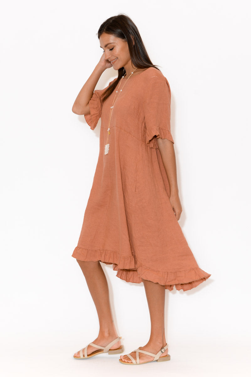 Elodie Coral Linen Frill Dress