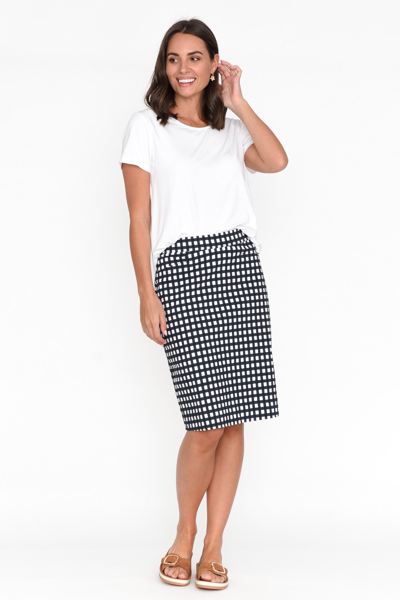 Brynn Navy Check Cotton Blend Skirt