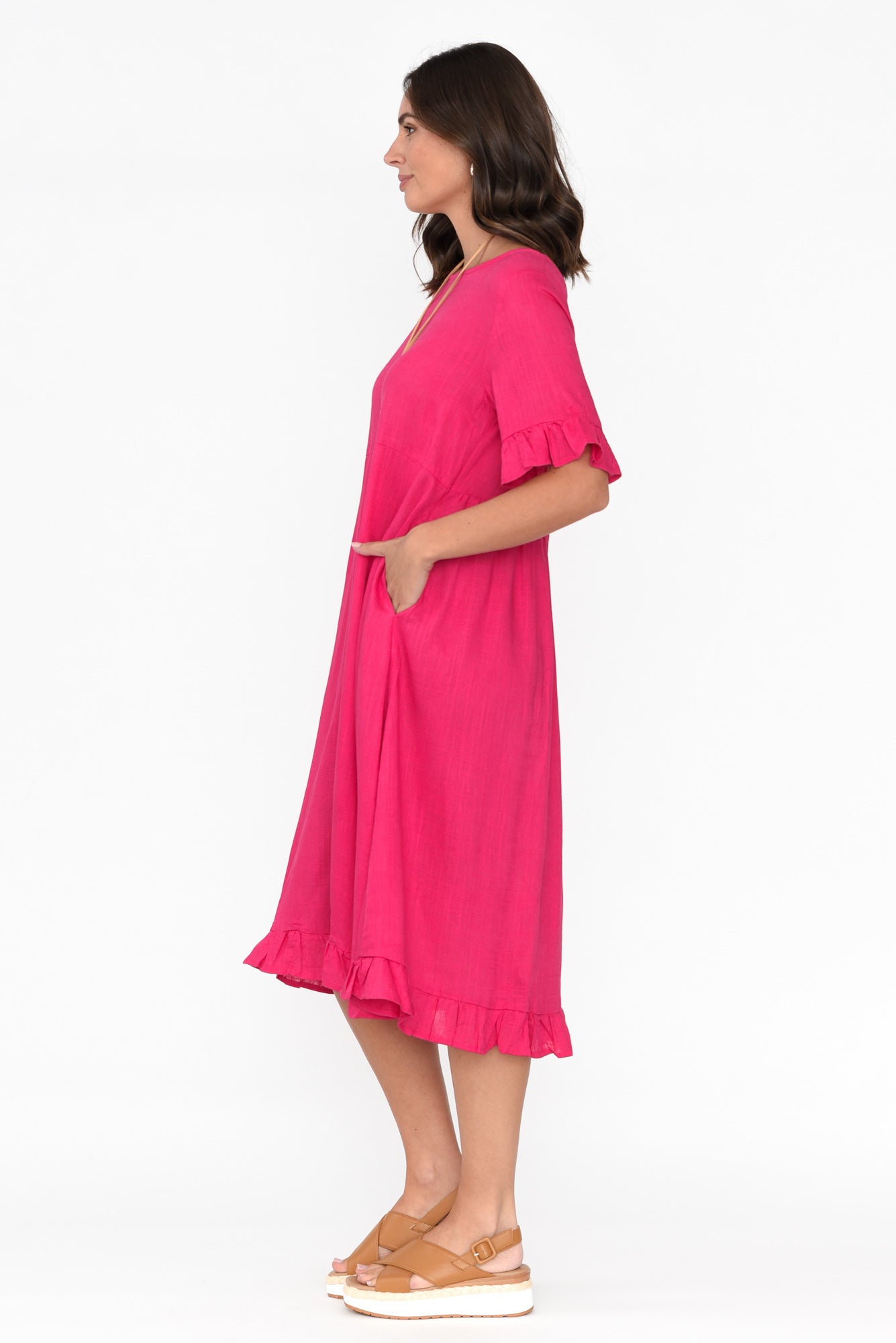 Tamsen Hot Pink Linen Cotton Ruffle Dress