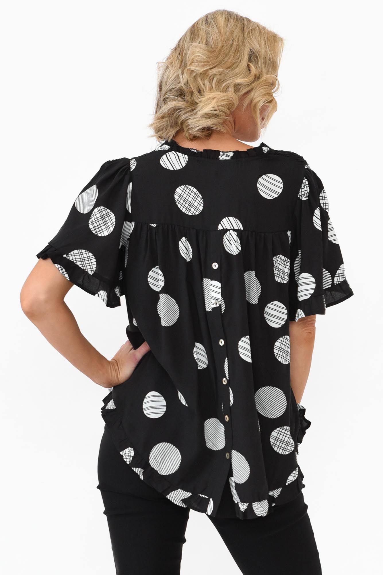 Malika Black Spot Frill Top