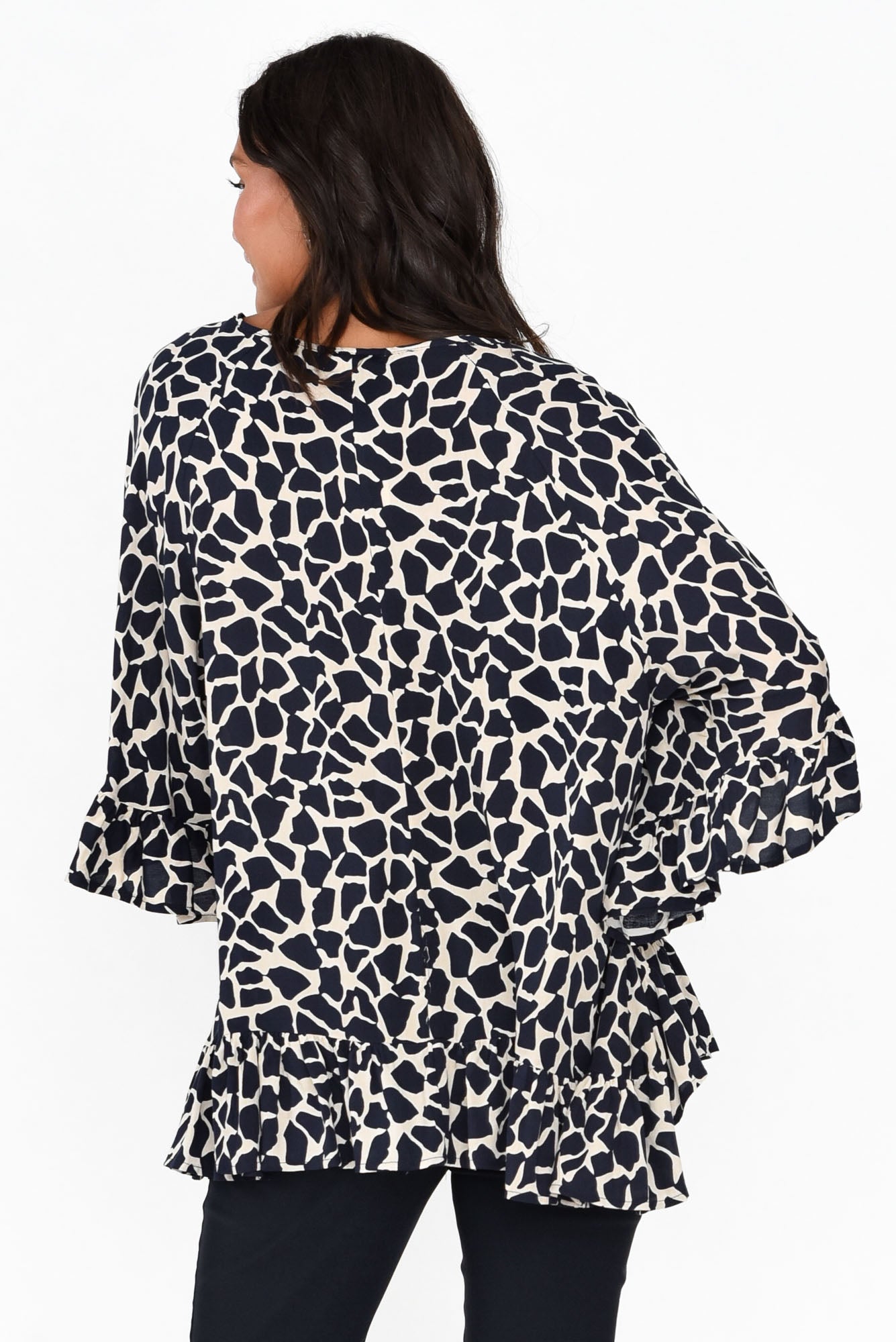 Chase Navy Abstract Tassel Ruffle Top