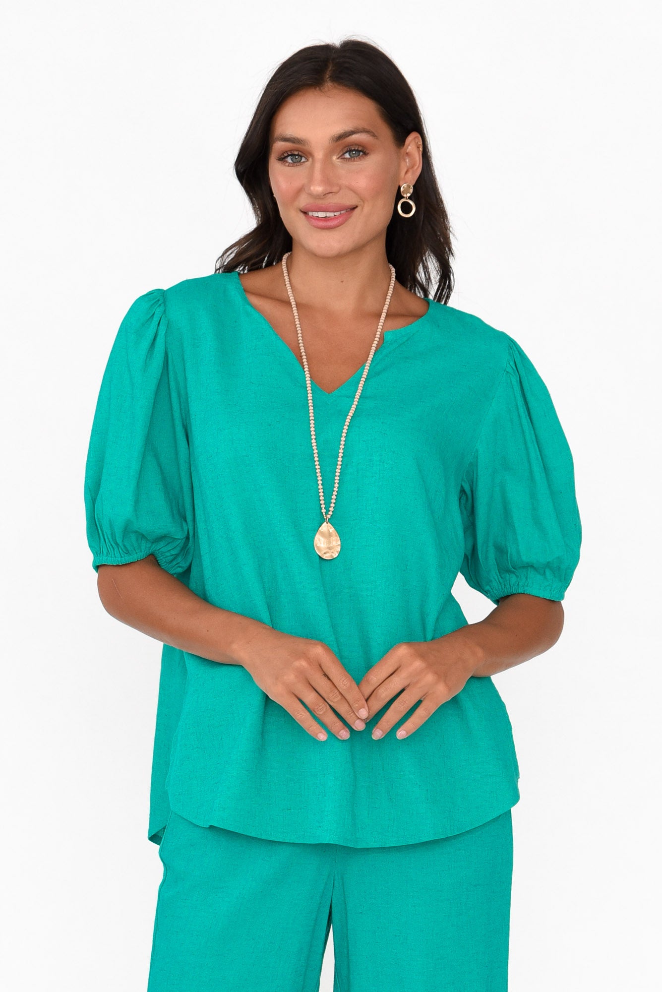 Alba Teal Linen Blend Blouse Top