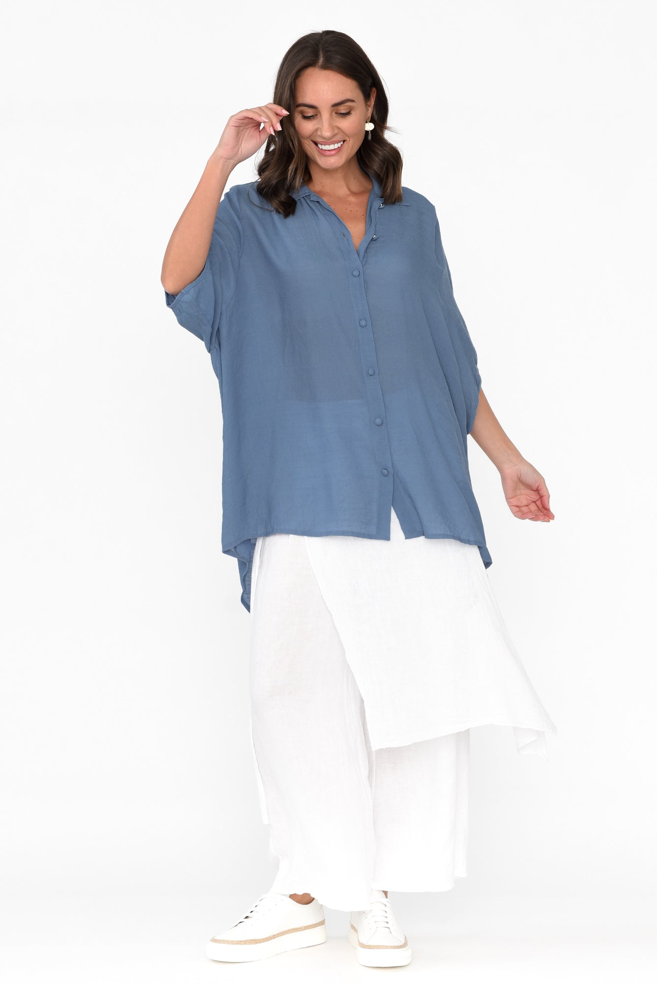 Blue Cotton Blend Hi Lo Shirt