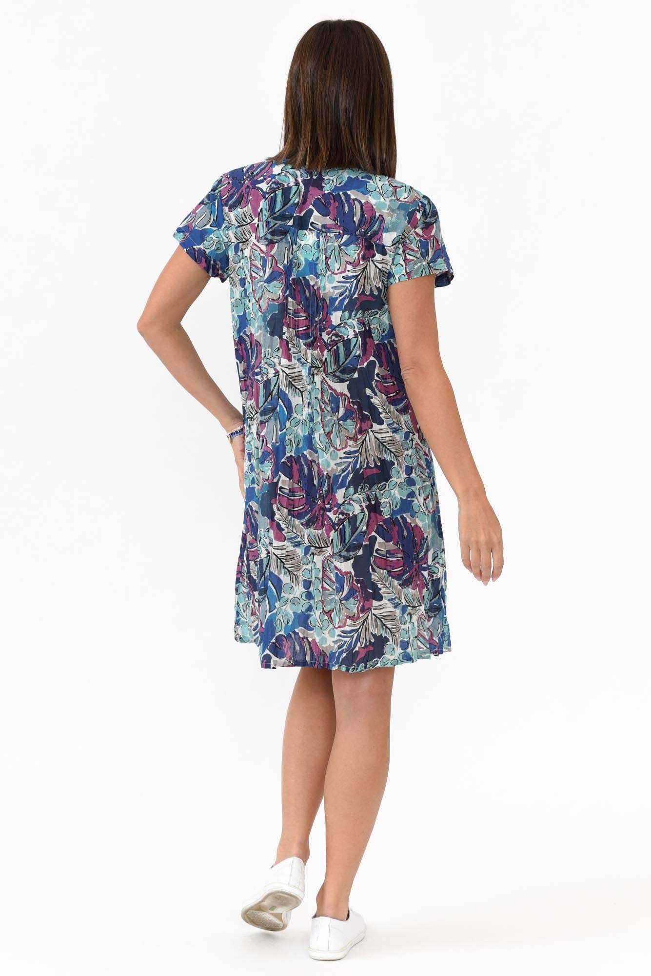 Sabina Blue Palm Crinkle Cotton Dress