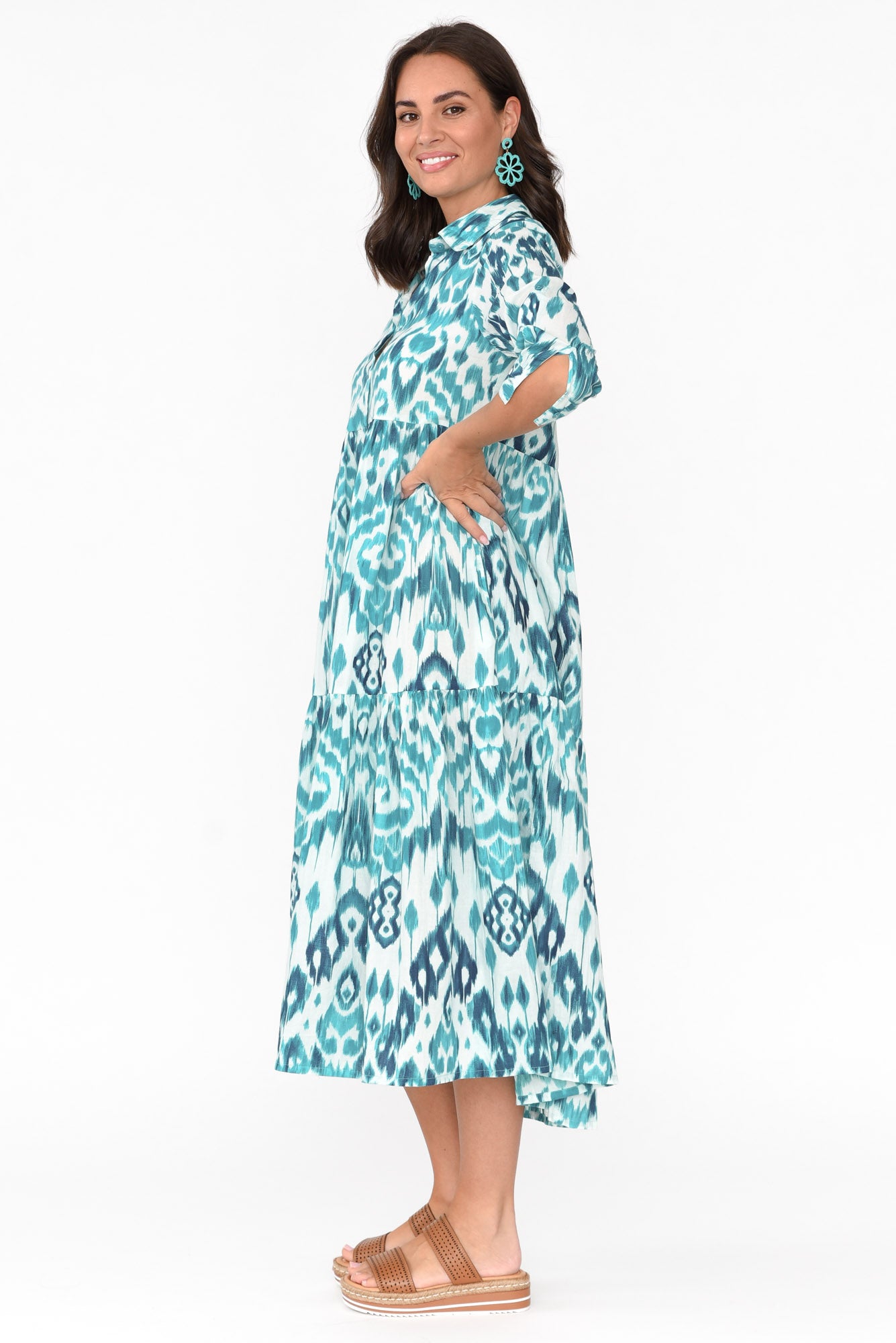 Izmir Turquoise Geo Organic Cotton Tiered Dress