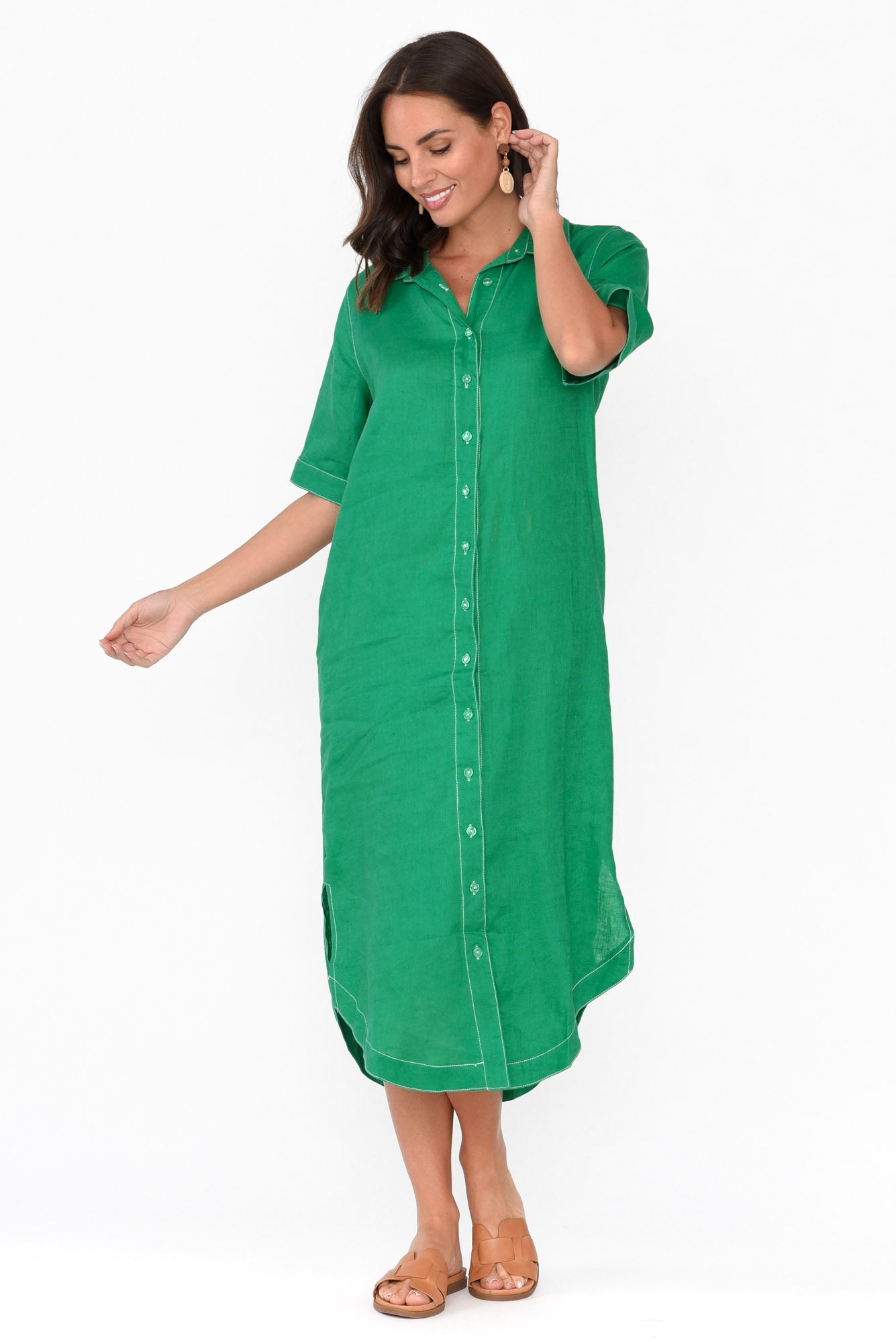 Alaska Green Linen Shirt Dress