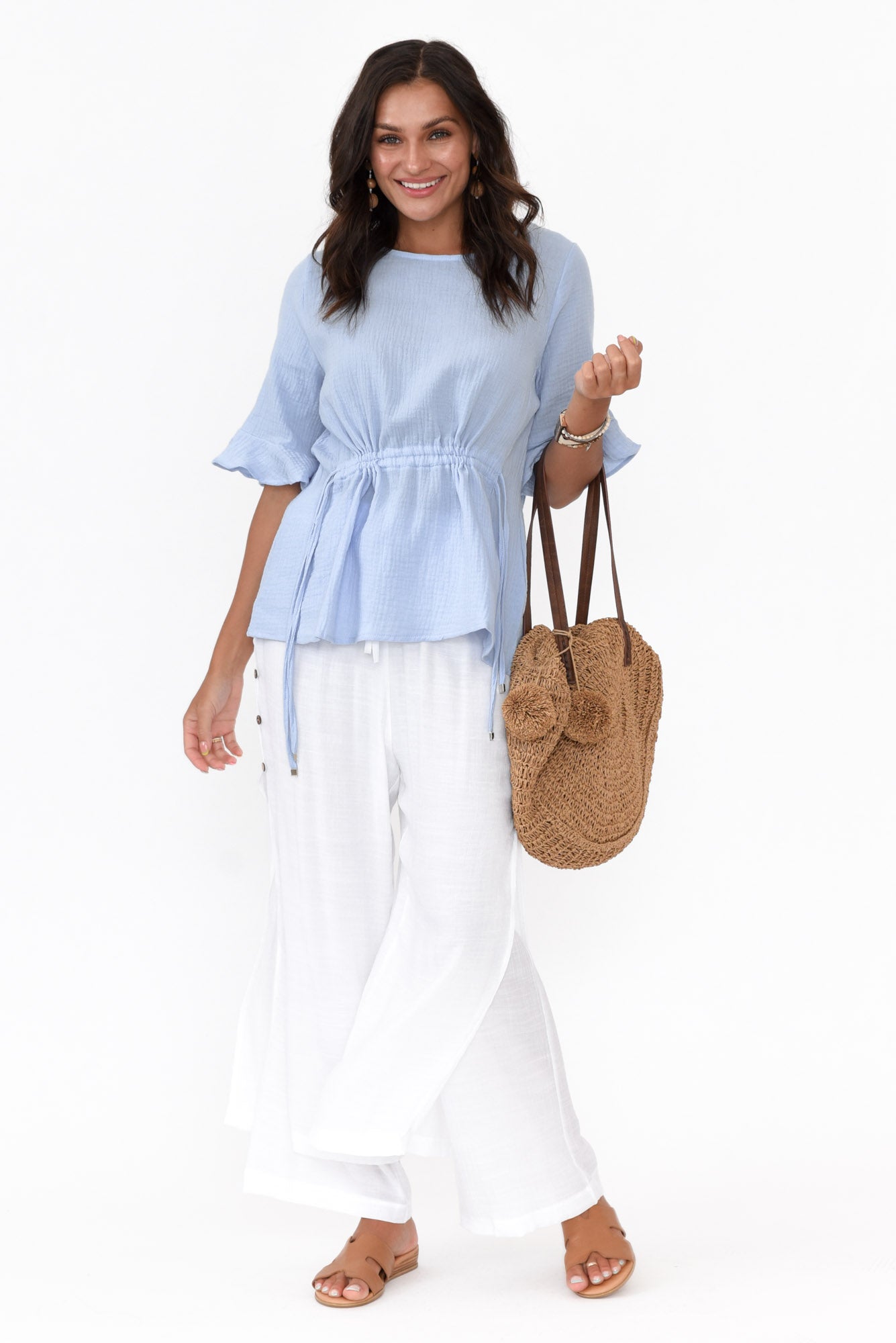 Rita Blue Crinkle Cotton Tie Top