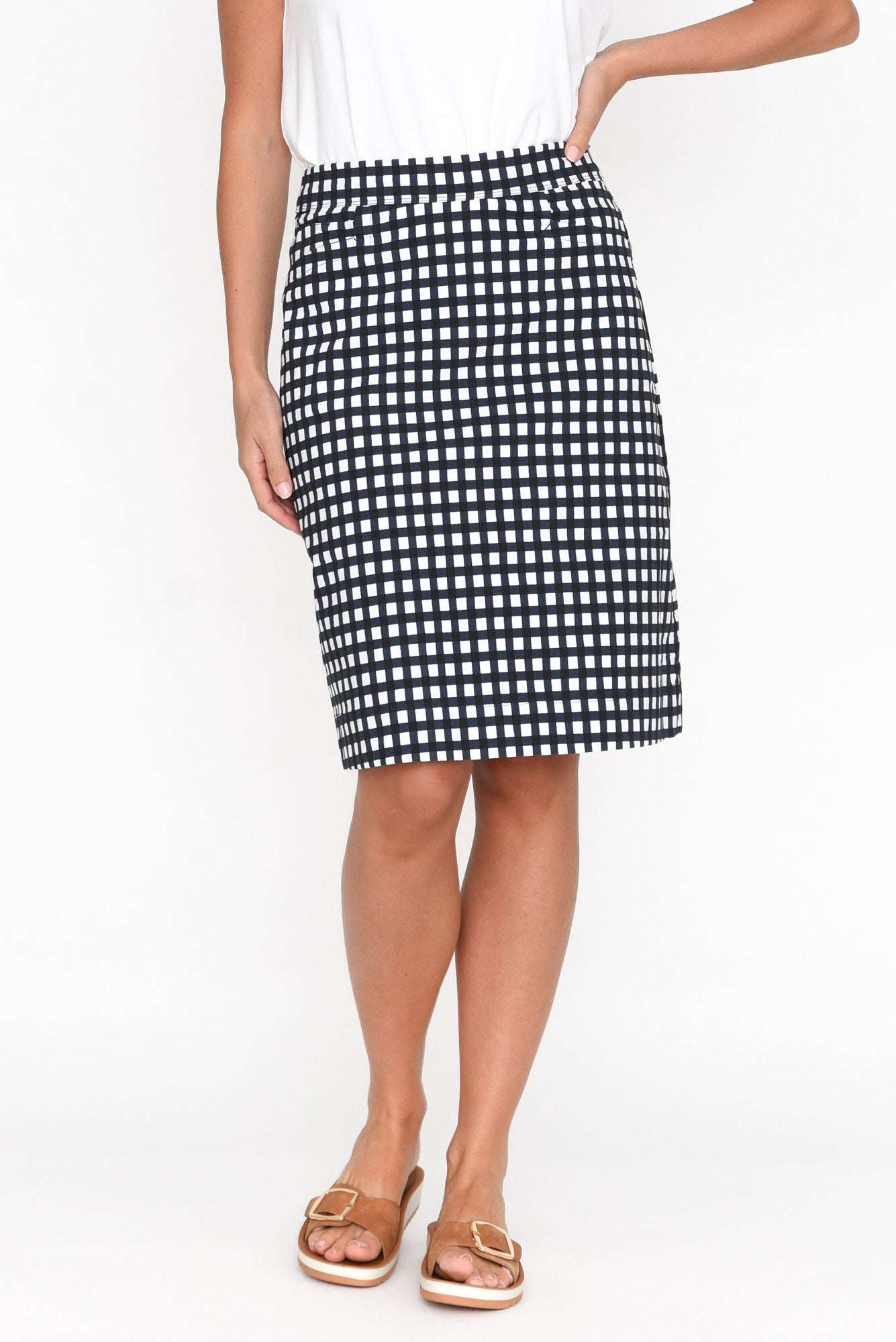 Brynn Navy Check Cotton Blend Skirt