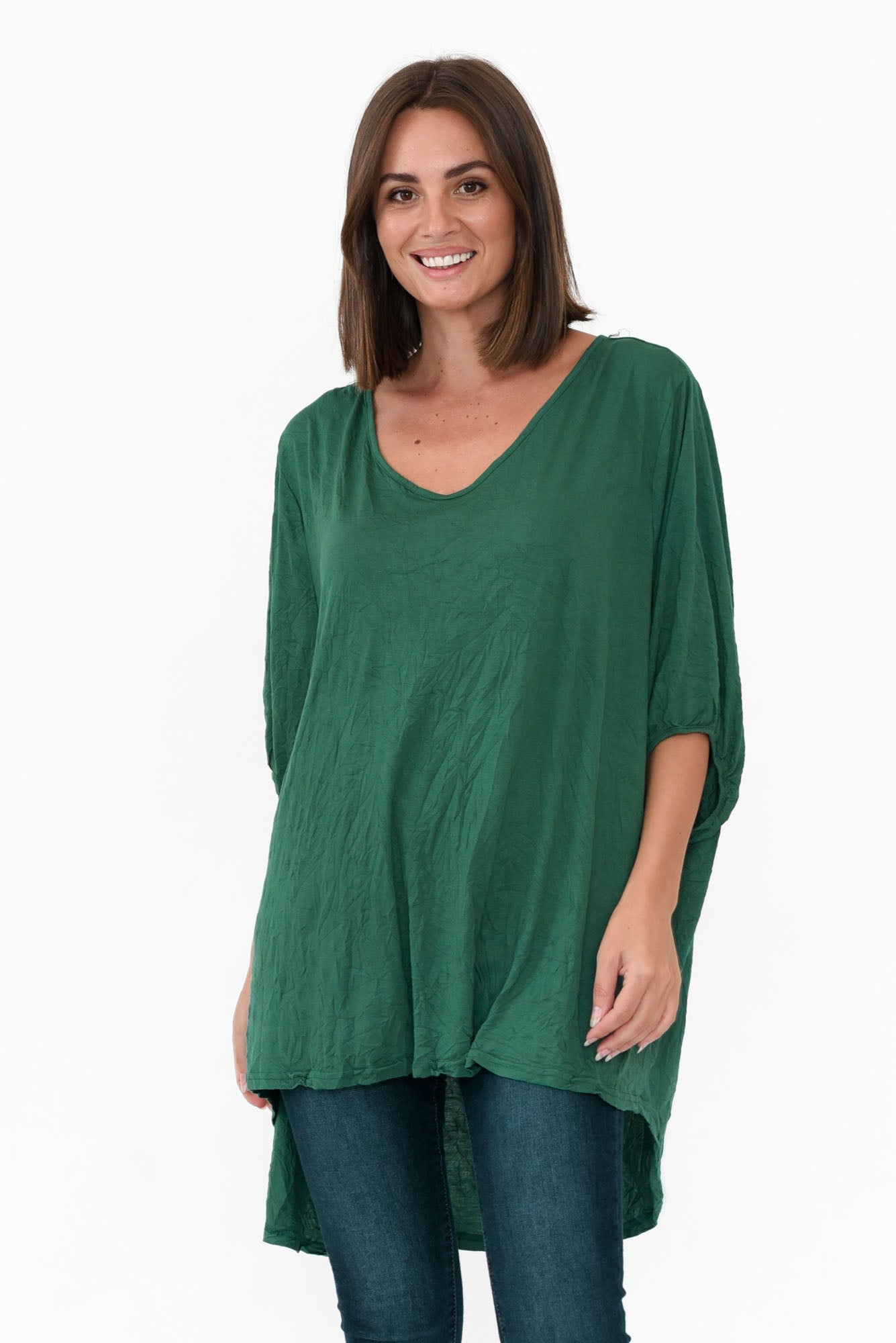 Agnes Emerald Crinkle Cotton Hi Lo Top