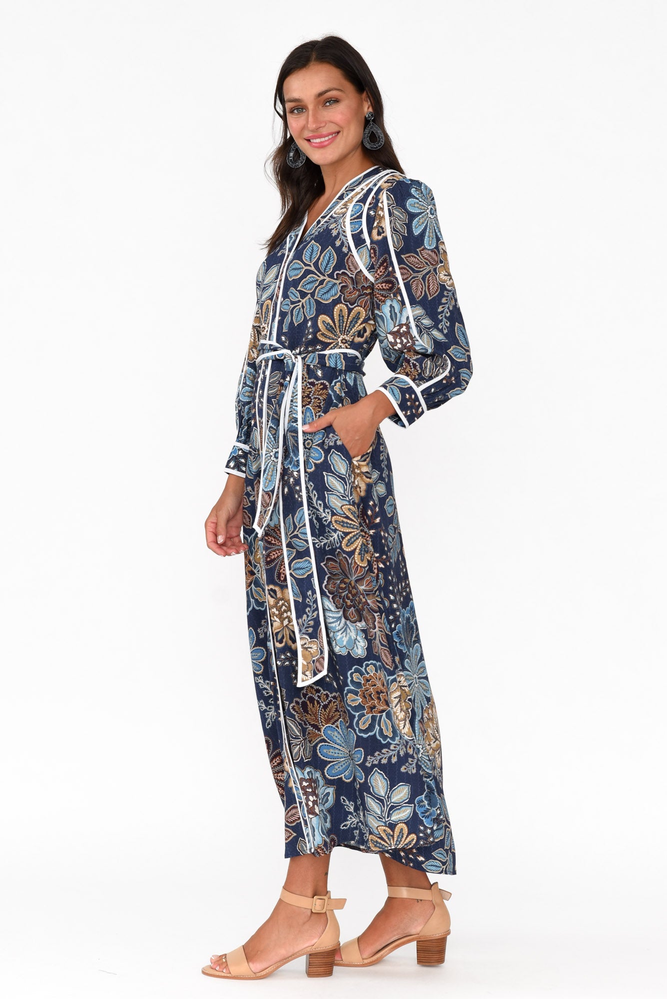 Lorene Navy Flower Bishop Sleeve Dress