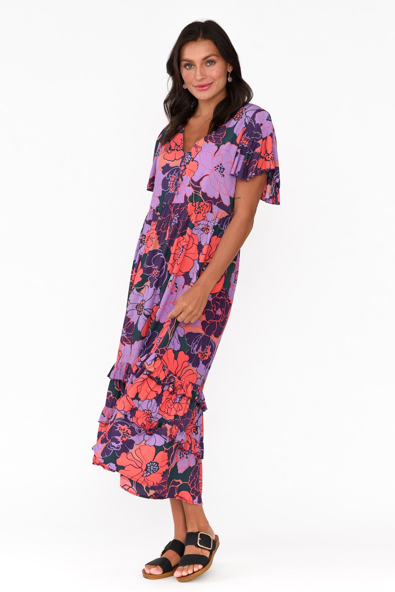 Akira Purple Flower Button Tier Dress