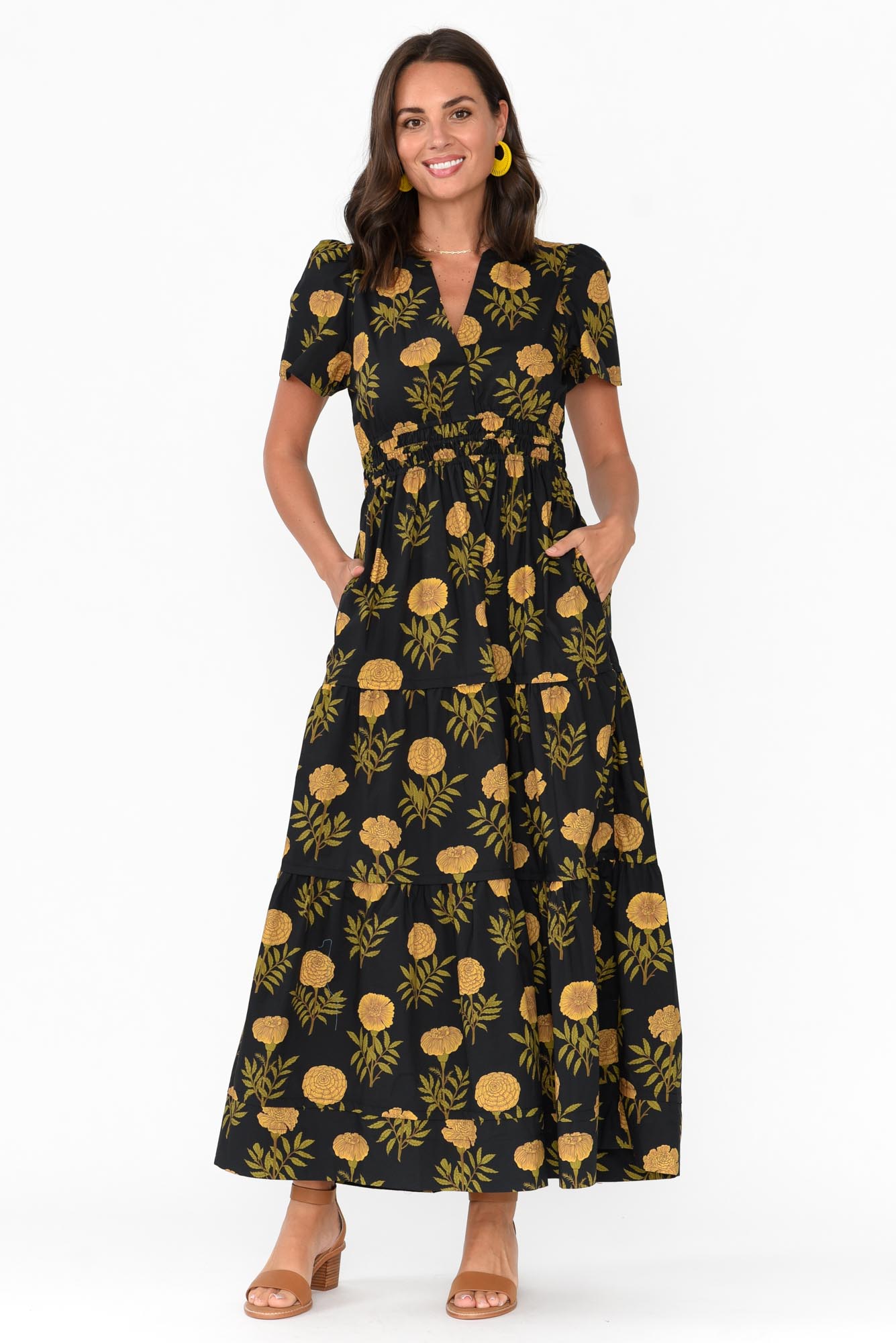 Vittoria Black Marigold Cotton Tiered Dress